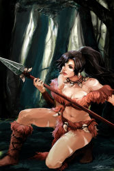 Rule 34 | 1girl, bare shoulders, betrayal-and-wisdom, breasts, brown hair, cleavage, fur, fur trim, highres, large breasts, league of legends, lips, loincloth, long hair, medium breasts, midriff, navel, nidalee, plump, polearm, ponytail, solo, spear, tribal, weapon