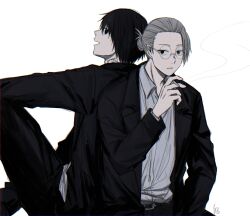 Rule 34 | 2boys, aged down, black hair, black suit, cigarette, formal, glasses, grey hair, highres, holding, holding cigarette, jacket, multiple boys, nagumo (sakamoto days), neck tattoo, open clothes, open jacket, rokuen skd, sakamoto days, sakamoto taro, smoking, suit, tattoo, white background