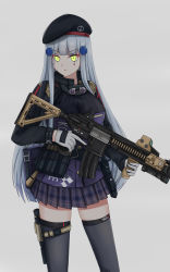 Rule 34 | 1girl, absurdres, assault rifle, bag, beret, black thighhighs, blue hair, breasts, checkered clothes, checkered skirt, closed mouth, feet out of frame, girls&#039; frontline, gloves, gongbangmanchi (daisy cutter), green eyes, gun, h&amp;k hk416, hat, highres, hk416 (girls&#039; frontline), holding, holding weapon, holstered, long hair, looking at viewer, medium breasts, rifle, simple background, skirt, solo, standing, thighhighs, uniform, weapon, white gloves