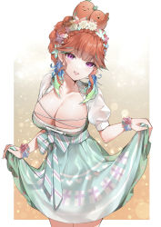 Rule 34 | 1girl, absurdres, blush, breasts, cleavage, dress, earrings, feather earrings, feathers, gradient hair, highres, hololive, hololive english, jewelry, large breasts, looking at viewer, multicolored hair, open mouth, orange hair, pink hair, purple eyes, smile, solo, takanashi kiara, takanashi kiara (dirndl), virtual youtuber, yukineko1018