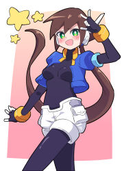 Rule 34 | 1girl, absurdres, aile (mega man zx), arms up, blue jacket, blush, bodysuit, breasts, brown hair, buzzlyears, cropped jacket, green eyes, highres, jacket, long hair, looking at viewer, medium breasts, mega man (series), mega man zx, mega man zx advent, open mouth, shiny clothes, short shorts, short sleeves, shorts, smile, solo, white shorts