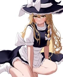 Rule 34 | 1girl, absurdres, apron, black hat, black skirt, black vest, blonde hair, bow, braid, closed mouth, commentary request, full body, hands on ground, hat, hat bow, highres, kirisame marisa, long hair, looking at viewer, mikan (manmarumikan), puffy short sleeves, puffy sleeves, shirt, short sleeves, simple background, single braid, sitting, skirt, socks, solo, touhou, very long hair, vest, waist apron, white apron, white background, white bow, white shirt, white socks, witch hat, yellow eyes, yokozuwari