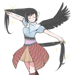 Rule 34 | 1girl, black hair, blue shirt, boots, breasts, brown footwear, brown skirt, closed eyes, comb, cropped legs, feathered wings, unworn headwear, highres, horse tail, kurokoma saki, long hair, medium breasts, multicolored clothes, pegasus wings, peroponesosu., scarf, shirt, simple background, skirt, smile, solo, sparkle, tail, touhou, white background, wings