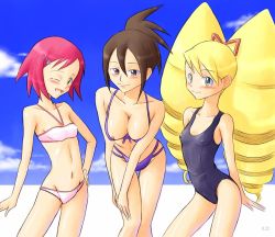 Rule 34 | 00s, 3girls, areola slip, bare shoulders, bikini, blonde hair, blush, breasts, brown eyes, brown hair, capcom, covered erect nipples, female focus, flat chest, green eyes, hair ornament, hairclip, hand on own hip, hope stelar (mega man), large breasts, long hair, luna platz (mega man), mega man (series), mega man star force, midriff, mature female, multiple girls, nipples, one-piece swimsuit, one eye closed, open mouth, ponytail, red hair, short hair, smile, sonia strumm (mega man), swimsuit, very long hair, wink
