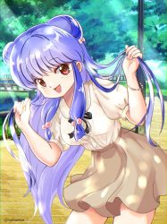 Rule 34 | 1girl, black ribbon, blue hair, bow, bracelet, brown skirt, collared shirt, commentary, cyocomi4, dappled sunlight, day, double bun, hair bobbles, hair bow, hair bun, hair ornament, hands in hair, high-waist skirt, highres, jewelry, lamppost, leaning forward, long hair, looking at viewer, miniskirt, neck ribbon, open mouth, outdoors, park, pink bow, puffy short sleeves, puffy sleeves, ranma 1/2, red eyes, ribbon, shampoo (ranma 1/2), shirt, short sleeves, sidelocks, skirt, smile, solo, standing, sunlight, tree, twitter username, white shirt