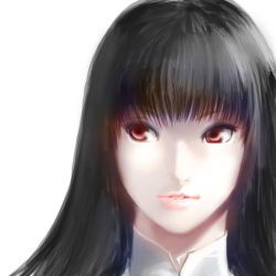 Rule 34 | 1girl, black hair, close-up, female focus, houraisan kaguya, lips, lipstick, long hair, looking away, makeup, portrait, red eyes, simple background, solo, touhou, white background