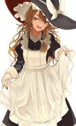 Rule 34 | 1girl, alternate costume, alternate eye color, apron, apron hold, apron lift, black dress, black hat, black nails, blonde hair, bow, braid, brown hair, buttons, clothes lift, commentary request, cowboy shot, cuff links, curtsey, dress, duplicate, enmaided, fang, frilled apron, frilled dress, frilled hat, frills, green eyes, grey eyes, hair bow, hand up, hat, hat bow, highres, juliet sleeves, kirisame marisa, long hair, long sleeves, looking at viewer, maid, maid apron, nail polish, necro (nekurodayo), open mouth, outstretched arm, pixel-perfect duplicate, puffy sleeves, red hat, sidelocks, simple background, single braid, sleeve cuffs, slit pupils, smile, solo, swept bangs, touhou, two-sided fabric, undershirt, wavy hair, white background, white bow, wing collar, witch hat, wrist cuffs