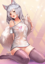 Rule 34 | 1girl, animal ears, arm behind back, artist name, black thighhighs, blush, bottomless, breasts, brown eyes, covered erect nipples, fox ears, fox tail, grey hair, heart, heart print, medium breasts, meto31, naked shirt, no panties, off shoulder, original, saliva, shirt, short sleeves, simple background, sitting, skindentation, solo, sweat, t-shirt, tail, thighhighs, wariza, wet