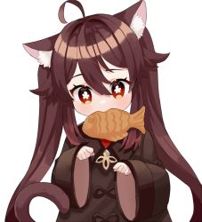 Rule 34 | 1girl, ahoge, animal ears, blush, brown hair, cat ears, cat tail, child, chinese clothes, fish, fish in mouth, food, food in mouth, genshin impact, hu tao (genshin impact), long sleeves, looking at viewer, miyako draw, red eyes, simple background, symbol-shaped pupils, tail, taiyaki, twintails, wagashi, white background, wide sleeves