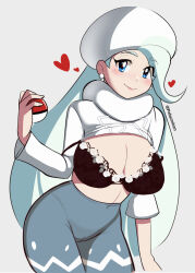 Rule 34 | 1girl, black bra, blue eyes, blush, bra, breasts, cameltoe, cleavage, cleft of venus, closed mouth, clothes lift, commentary, creatures (company), earrings, game freak, grey background, hand up, hat, heart, holding, holding poke ball, jewelry, large breasts, long sleeves, looking at viewer, melony (pokemon), nintendo, pabsmikan, pantyhose, poke ball, poke ball (basic), pokemon, pokemon swsh, scarf, shirt, shirt lift, smile, solo, underwear, watermark, white hat, white scarf, white shirt