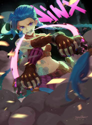 Rule 34 | 1girl, absurdres, arcane: league of legends, arcane jinx, bare shoulders, blue hair, blue nails, blurry, blurry background, braid, breasts, brown gloves, character name, cloud tattoo, explosive, fingerless gloves, gloves, grenade, grin, highres, holding, holding grenade, holding weapon, jinx (league of legends), league of legends, long hair, medium breasts, mouth hold, multicolored nails, nail polish, navel, outdoors, pants, pink nails, pink pants, purple nails, shoulder tattoo, smile, steam, stomach, stomach tattoo, striped clothes, striped pants, tattoo, teeth, twin braids, weapon, yanchen
