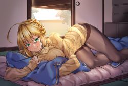 Rule 34 | 1girl, ahoge, alternate costume, artoria pendragon (fate), artoria pendragon (lancer) (fate), black pantyhose, blurry, blush, braid, braided bun, breasts, commentary request, contemporary, cushion, depth of field, fate/grand order, fate (series), french braid, futon, green eyes, hair bun, highres, indoors, large breasts, long hair, looking at viewer, lying, no shoes, hugging object, on stomach, open door, pantyhose, ribbed sweater, shirokuma a, sidelocks, single hair bun, sliding doors, smile, solo, sweater, swept bangs, tatami, thighband pantyhose, thighs, turtleneck, turtleneck sweater