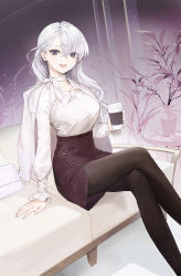 Rule 34 | 1girl, :d, breasts, brown pantyhose, couch, crossed bangs, crossed legs, cup, disposable cup, feet out of frame, hair between eyes, highres, jacket, jacket on shoulders, large breasts, long hair, long sleeves, looking at viewer, mole, mole under eye, open mouth, original, oyabuli, pantyhose, plant, potted plant, shirt, sitting, smile, solo, white hair, white shirt