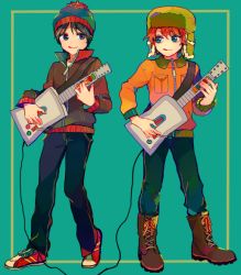 Rule 34 | 2boys, black hair, blue eyes, child, eye contact, full body, guitar, guitar hero, hat, instrument, jacket, kyle broflovski, looking at another, male focus, multiple boys, pepocopranodon, red hair, smile, south park, stan marsh, standing, tongue