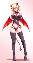 Rule 34 | 1girl, bare shoulders, bat wings, black thighhighs, blonde hair, boots, breasts, bridal gauntlets, demon, demon girl, demon tail, demon wings, didloaded, elbow gloves, female focus, full body, gloves, gradient background, green eyes, harness, heart, highres, holding own arm, horns, looking at viewer, mizuhashi parsee, nail polish, navel, pointy ears, short hair, simple background, solo, standing, tail, thigh boots, thighhighs, thong, touhou, wings