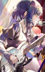 Rule 34 | 1girl, absurdres, bass guitar, bocchi the rock!, cocoballking, electric guitar, guitar, hair ornament, hairclip, highres, instrument, long sleeves, looking away, microphone, music, playing instrument, purple hair, short hair, singing, solo focus, upper body, yamada ryo, yellow eyes