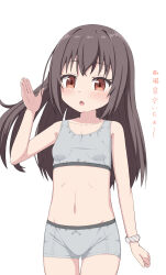 Rule 34 | 1girl, :o, blush, bra, breasts, brown eyes, brown hair, collarbone, commentary request, grey bra, grey panties, hand up, highres, long hair, looking at viewer, original, panties, parted lips, simple background, small breasts, solo, takasuma hiro, training bra, translation request, underwear, underwear only, white background
