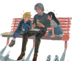 Rule 34 | 1girl, 2boys, aged down, alternate universe, bag, bench, black hair, black pants, blonde hair, blue eyes, blue pants, blue skirt, blush, brown bag, brown footwear, child, chocobo, closed mouth, cloud strife, collared shirt, commentary, english commentary, final fantasy, final fantasy vii, final fantasy vii ever crisis, final fantasy vii remake, full body, green eyes, grey hair, grey sweater, highres, holding, holding paper, hood, hood down, hoodie, impressed, knee up, long hair, long sleeves, low ponytail, multiple boys, open mouth, origami, pants, paper, parted bangs, puffy short sleeves, puffy sleeves, school bag, seiza, sephiroth, shirt, shoes, short hair, short sleeves, sitting, skirt, smile, socks, sparkle, spiked hair, sundayauruu, sweater, tifa lockhart, unworn shoes, white background, white shirt, white socks, wooden bench