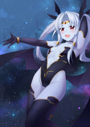 Rule 34 | 1girl, :d, absurdres, arm up, bare shoulders, black choker, black gloves, black leotard, black ribbon, black thighhighs, black wings, blue background, blue skin, blush, bracelet, breasts, choker, circlet, collarbone, colored skin, eden (sennen sensou aigis), elbow gloves, fang, gloves, groin, hair ribbon, hair tubes, highres, jewelry, kirisame koiiro, leotard, long hair, looking at viewer, open mouth, parted bangs, red eyes, ribbon, sennen sensou aigis, sidelocks, small breasts, smile, solo, thighhighs, twintails, white hair, wings