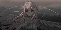 Rule 34 | 1girl, :d, absurdres, bare arms, bare shoulders, black choker, breasts, chihuri, choker, collarbone, dress, feathered wings, hair between eyes, hand up, highres, hollow eyes, long hair, looking at viewer, medium breasts, open mouth, original, outdoors, overcast, pink hair, sky, sleeveless, sleeveless dress, smile, solo, very long hair, white dress, white wings, wings, yana (chihuri)