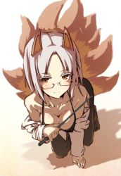 Rule 34 | 10s, 1girl, akami, animal ears, bad id, bad pixiv id, bra, brave witches, breasts, brown eyes, edytha rossmann, fox ears, fox tail, glasses, grey hair, lingerie, medium breasts, multiple tails, pantyhose, pointer, sakura akami, solo, strike witches, tail, underwear, world witches series