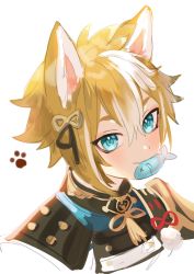 Rule 34 | 1boy, animal ears, armor, blue eyes, blush, brown hair, cropped shoulders, dog boy, dog ears, fish, fractalmagnolia, genshin impact, gorou (genshin impact), hair between eyes, hair ornament, japanese armor, japanese clothes, looking at viewer, male focus, mouth hold, paw print, portrait, simple background, sketch, smile, solo, tassel, white background