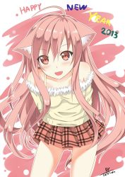Rule 34 | 1girl, 2013, animal ears, arms behind back, bare shoulders, bent over, blush, cat ears, catstudioinc (punepuni), checkered clothes, checkered skirt, fang, happy new year, highres, long hair, looking at viewer, new year, open mouth, original, pink eyes, pink hair, puni (miku plus), shirt, skirt, smile, solo, very long hair