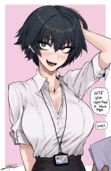 Rule 34 | 1girl, adjusting hair, black hair, black skirt, blush, border, breasts, cleavage, collared shirt, commentary, devil may cry (series), dress shirt, embarrassed, english commentary, english text, fang, hair between eyes, heterochromia, holding, holding paper, id card, j.k., lady (devil may cry), lanyard, looking to the side, office lady, open mouth, paper, pink background, shirt, short hair, skirt, sleeves rolled up, sweatdrop, white border, white shirt