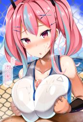 Rule 34 | 1boy, 1girl, azur lane, bare shoulders, blush, bow, breasts, breasts squeezed together, bremerton (azur lane), bremerton (scorching-hot training) (azur lane), cleavage, clothed paizuri, collarbone, crop top, cum, cum on body, cum on clothes, ear piercing, facial, grey hair, hair between eyes, hair bow, hair ornament, hairclip, heart, heart necklace, hetero, highres, jakko, jewelry, large breasts, long hair, looking at viewer, multicolored hair, necklace, outdoors, paizuri, paizuri under clothes, piercing, pink eyes, pink hair, shirt, sleeveless, sleeveless shirt, sportswear, tennis uniform, translated, twintails, two-tone hair, two-tone shirt, upper body, x hair ornament