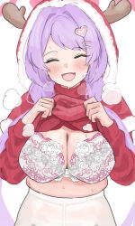 Rule 34 | 1girl, antlers, blue archive, blush, bra, braid, breasts, cleavage, closed eyes, clothes lift, cowboy shot, facing viewer, hair ornament, hairclip, halo, hanae (blue archive), hanae (christmas) (blue archive), highres, horns, large breasts, lifted by self, long hair, official alternate costume, open mouth, pink halo, purple hair, red sweater, reindeer antlers, ribbed sweater, smile, solo, sweater, sweater lift, tsumayouji (tumayog), twin braids, underwear, white bra