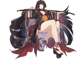 Rule 34 | 1girl, absurdly long hair, ark order, artist request, bare shoulders, black footwear, black hair, black kimono, blood, blood on hands, blunt bangs, breasts, expressionless, facial mark, floating, floating object, floating weapon, full body, geta, hair ribbon, hime cut, izanagi no mikoto (ark order), japanese clothes, katana, kimono, large breasts, leg ribbon, long hair, long sleeves, looking at viewer, official art, platform clogs, pom pom (clothes), red kimono, red ribbon, ribbon, sidelocks, sitting, socks, solo, sword, tabi, tachi-e, thigh ribbon, transparent background, very long hair, weapon, white socks, wide sleeves, yellow eyes