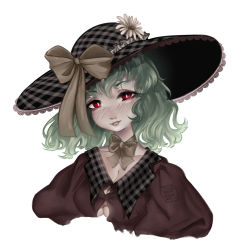 Rule 34 | 1girl, blush, breasts, checkered clothes, checkered headwear, checkered shirt, flower, green hair, hat, hat flower, hat ribbon, kazami yuuka, large breasts, looking at viewer, neck ribbon, red eyes, ribbon, see-through, shirt, short hair, simple background, smile, solo, touhou, white background, yuuren kyouko