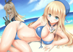 Rule 34 | 10s, 2girls, arm support, atago (kancolle), beach, bikini, blonde hair, blue eyes, blue hat, blush, breast envy, breasts, cleavage, female focus, flat chest, front-tie top, green eyes, hat, hip focus, kantai collection, large breasts, long hair, lying, miyuki rei, multiple girls, navel, ocean, on side, outdoors, parted lips, rensouhou-chan, shimakaze (kancolle), shiny skin, side-tie bikini bottom, sky, smile, swimsuit