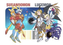Rule 34 | angel, artist request, blonde hair, blue eyes, character name, chibi, demon, digimon, digimon (creature), digimon frontier, dragon, evolutionary line, fallen angel, full body, grin, head wings, looking at another, lucemon, lucemon falldown mode, lucemon satan mode, multiple boys, multiple persona, multiple views, muscular, no humans, sharp teeth, short hair, smile, space, susanoomon, tattoo, teeth, wings