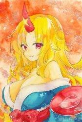 Rule 34 | 1girl, alcohol, blonde hair, blue kimono, bow, breasts, cleavage, cup, fang, highres, horns, hoshiguma yuugi, hoshiguma yuugi (kimono), japanese clothes, kimono, large breasts, long hair, long sleeves, off shoulder, parted bangs, parted lips, rano (u rano), red bow, red eyes, red horns, red sash, sakazuki, sake, sash, single horn, solo, touhou, traditional media, upper body, very long hair