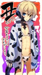 Rule 34 | 1girl, 2021, abs, animal print, black nails, blonde hair, blue eyes, blush, brown eyes, chinese zodiac, coat, cow print, cow print bikini, female focus, happy new year, horns, iris (ryou@ryou), nail polish, navel, new year, open clothes, open coat, original, phantasy star, phantasy star online 2, print bikini, ryou@ryou, short hair, solo, tail, year of the ox