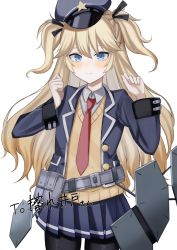Rule 34 | 1girl, a iri a, ballistic shield, belt, belt pouch, black pantyhose, blazer, blonde hair, blue eyes, blue jacket, blue skirt, closed mouth, collared shirt, cowboy shot, girls&#039; frontline, hands up, hat, jacket, long hair, long sleeves, looking at viewer, miniskirt, necktie, open clothes, open jacket, pantyhose, peaked cap, pleated skirt, police hat, pouch, shield, shield module, shirt, simple background, skirt, solo, super-shorty (girls&#039; frontline), sweater, two side up, undershirt, white background, yellow sweater
