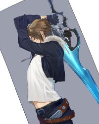 Rule 34 | 1boy, arms up, belt, black jacket, black pants, brown hair, closed eyes, cropped jacket, earrings, final fantasy, final fantasy viii, from side, fur-trimmed jacket, fur trim, gunblade, highres, holding, holding weapon, jacket, jewelry, leather belt, long sleeves, male focus, midriff peek, multiple belts, necklace, nini tw99, open clothes, open jacket, pants, scar, scar on face, shirt, short hair, simple background, solo, squall leonhart, stud earrings, weapon, white shirt