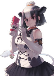 Rule 34 | 1girl, animal ears, animal print, bell, black bow, black bowtie, black eyes, black hair, black skirt, bow, bowtie, breasts, cow ears, cow girl, cow print, cow tail, elbow gloves, gloves, highres, holstein friesian cattle (kemono friends), kemono friends, kosai takayuki, large breasts, looking at viewer, multicolored hair, short hair, skirt, solo, tail, white gloves, white hair