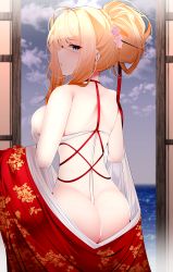 Rule 34 | 1girl, absurdres, ass, azur lane, blonde hair, blue eyes, breasts, cloud, from behind, glorious (azur lane), glorious (pungent plum) (azur lane), hair between eyes, hair ornament, hair stick, highres, japanese clothes, kimono, looking at viewer, looking back, medium breasts, ocean, official alternate costume, red kimono, revealing clothes, samip, sideboob, sky, solo