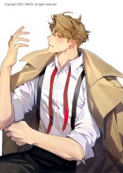 Rule 34 | 1boy, absurdres, almond cookie, blush, coat, coat on shoulders, collared shirt, cookie run, feet out of frame, highres, light brown hair, looking at viewer, male focus, mature male, nakddidi, necktie, shirt, short hair, sleeves rolled up, solo, thick eyebrows, undone necktie, white shirt