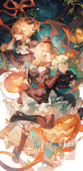 Rule 34 | 1boy, 1girl, absurdres, bat wings, black dress, black footwear, black shirt, black thighhighs, blonde hair, button eyes, buttons, commentary, dress, english commentary, english text, frilled dress, frills, hat, hatsune miku, highres, holding, holding stuffed toy, jack-o&#039;-lantern, kagamine len, kagamine rin, leg up, looking at viewer, looking to the side, maccha (mochancc), open mouth, shirt, shoes, short hair, smile, standing, striped clothes, striped shirt, striped thighhighs, stuffed animal, stuffed toy, thighhighs, vertical-striped clothes, vertical-striped shirt, vocaloid, wings