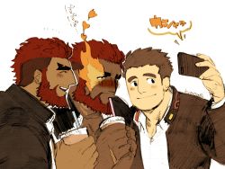 Rule 34 | 3boys, bara, beard, blush, cup, disposable cup, facial hair, flaming eye, from side, gakuran, group picture, hephaestus (housamo), holding, holding phone, kyouta 22, male focus, protagonist 3 (housamo), mature male, multiple boys, muscular, muscular male, pectoral cleavage, pectorals, phone, red hair, school uniform, short hair, sideburns, smile, talos (housamo), tokyo houkago summoners, translation request, undercut, upper body, yaoi