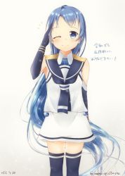 Rule 34 | 1girl, ;), blue eyes, blue gloves, blue hair, blue neckerchief, blue thighhighs, commentary request, cowboy shot, elbow gloves, gloves, kantai collection, long hair, looking at viewer, mae (maesanpicture), neckerchief, notice lines, one eye closed, salute, samidare (kancolle), school uniform, serafuku, simple background, skirt, sleeveless, smile, solo, swept bangs, thighhighs, translation request, very long hair, white background, white serafuku, white skirt, zettai ryouiki