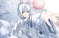 Rule 34 | 1girl, absurdres, animal ear fluff, animal ears, azur lane, blue eyes, cloud, expressionless, flag background, foreshortening, fox ears, fox tail, from side, highres, japanese clothes, japanese flag, kaga (azur lane), kimono, kitsune, kyuubi, long bangs, long sleeves, looking at viewer, multiple tails, outstretched arm, print kimono, raised eyebrows, samip, short hair, sidelocks, solo, tail, white hair, white kimono, wide sleeves