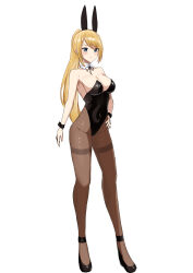 Rule 34 | 1girl, absurdres, animal ears, aotsuba, black footwear, black leotard, blonde hair, blue eyes, blush, breasts, commentary request, commission, detached collar, fake animal ears, hand on own hip, high heels, high ponytail, highres, large breasts, leotard, long hair, metroid, neck ribbon, nintendo, pantyhose, playboy bunny, rabbit ears, ribbon, samus aran, shoes, simple background, skeb commission, solo, standing, strapless, strapless leotard, thighband pantyhose, white background, wrist cuffs
