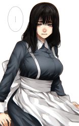 Rule 34 | ..., 1girl, apron, black hair, blue eyes, breasts, collared shirt, film grain, grey shirt, grey skirt, highres, hoshi san 3, long hair, looking to the side, maid, maid apron, medium breasts, mole, mole under mouth, nose, original, shirt, sitting, skirt, solo, spoken ellipsis, white background