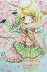 Rule 34 | 10s, 1girl, absurdres, bare shoulders, blonde hair, blue background, blue eyes, branch, cherry blossoms, dress, frilled skirt, frilled thighhighs, frills, green thighhighs, hands in opposite sleeves, highres, koizumi hanayo, looking at viewer, love live!, love live! school idol festival, love live! school idol project, niko (2ars), over-kneehighs, painting (medium), short hair, skirt, smile, solo, staff, strapless, strapless dress, striped clothes, striped skirt, thighhighs, traditional media, watercolor (medium)