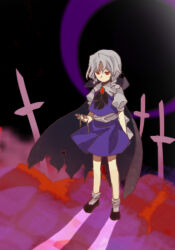 Rule 34 | 1girl, black cape, black footwear, black ribbon, blue skirt, blue vest, brooch, cape, collared shirt, commentary request, drill hair, drill sidelocks, flat chest, frilled shirt collar, frills, full body, grey hair, hand up, jewelry, kaigen 1025, muse (seihou), neck ribbon, no mouth, puffy short sleeves, puffy sleeves, red brooch, red eyes, ribbon, seihou, shirt, short hair, short sleeves, sidelocks, skirt, socks, solo, standing, torn cape, torn clothes, vest, white shirt, white socks