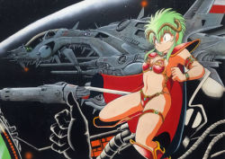 Rule 34 | 1980s (style), 1girl, armor, bikini armor, cape, green hair, holding, holding sword, holding weapon, horns, kahm, long hair, manabe jouji, official art, retro artstyle, outlanders, pauldrons, retro artstyle, shoulder armor, solo, space, spacecraft, sword, thigh strap, thumbs up, weapon